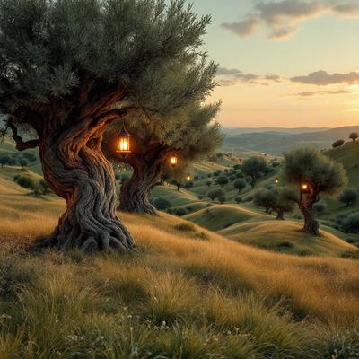 The primary subject of the image is a group of trees with lights on them, situated in a grassy field. The setting is a hillside with a sunset in the background, creating a serene and picturesque atmosphere. The visual style is a combination of photo and digital art, with the lights on the trees adding a unique touch to the scene. The colors and mood of the image are predominantly warm and inviting, with the sunset casting a warm glow over the landscape.